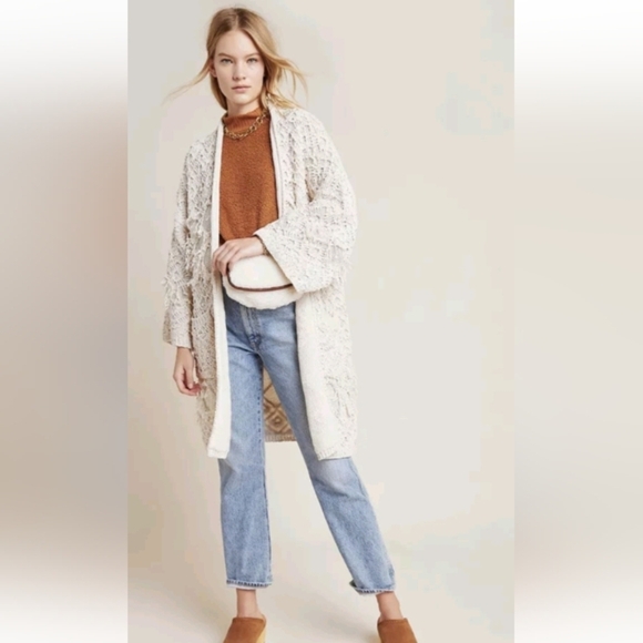 Anthropologie IONE textured Fringe Diamond Knit Open Front Cardigan Akemi + Kin - Picture 1 of 8